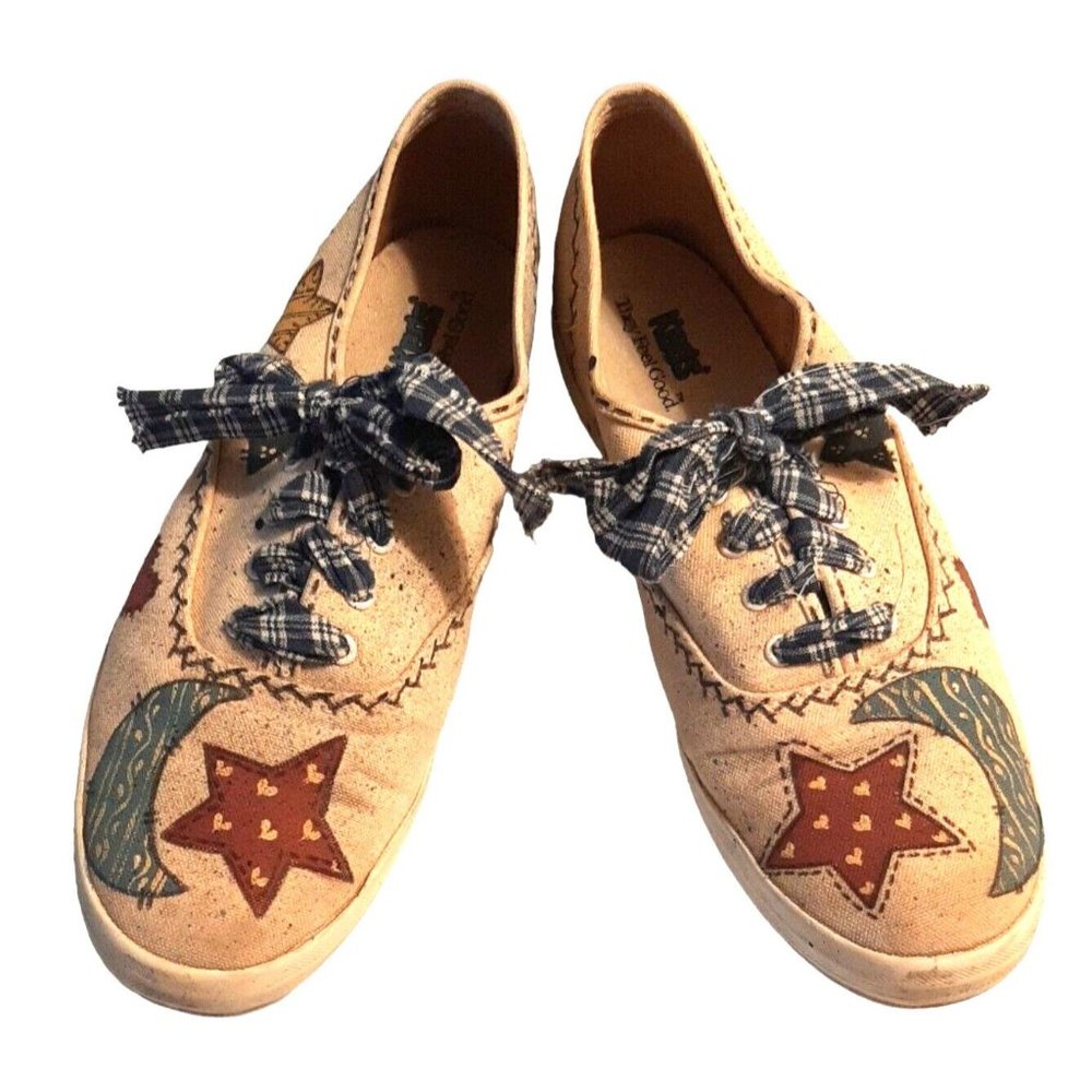 Keds Beige Canvas Sneakers with Red Stars and Blue Accents